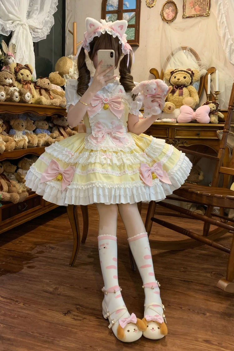 Yellow [Meowling Sweet Maid] Sleeveless Multi-Layered Ruffle Bowknot Lace Sweet Princess Lolita Jsk Dress