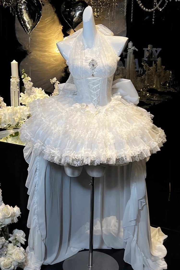 Robe Lolita Princesse Douce en Dentelle à Lacets Hanayome à Volants Triple Épaisseur sans Manches à Dos Nu Blanc [Rêve] 