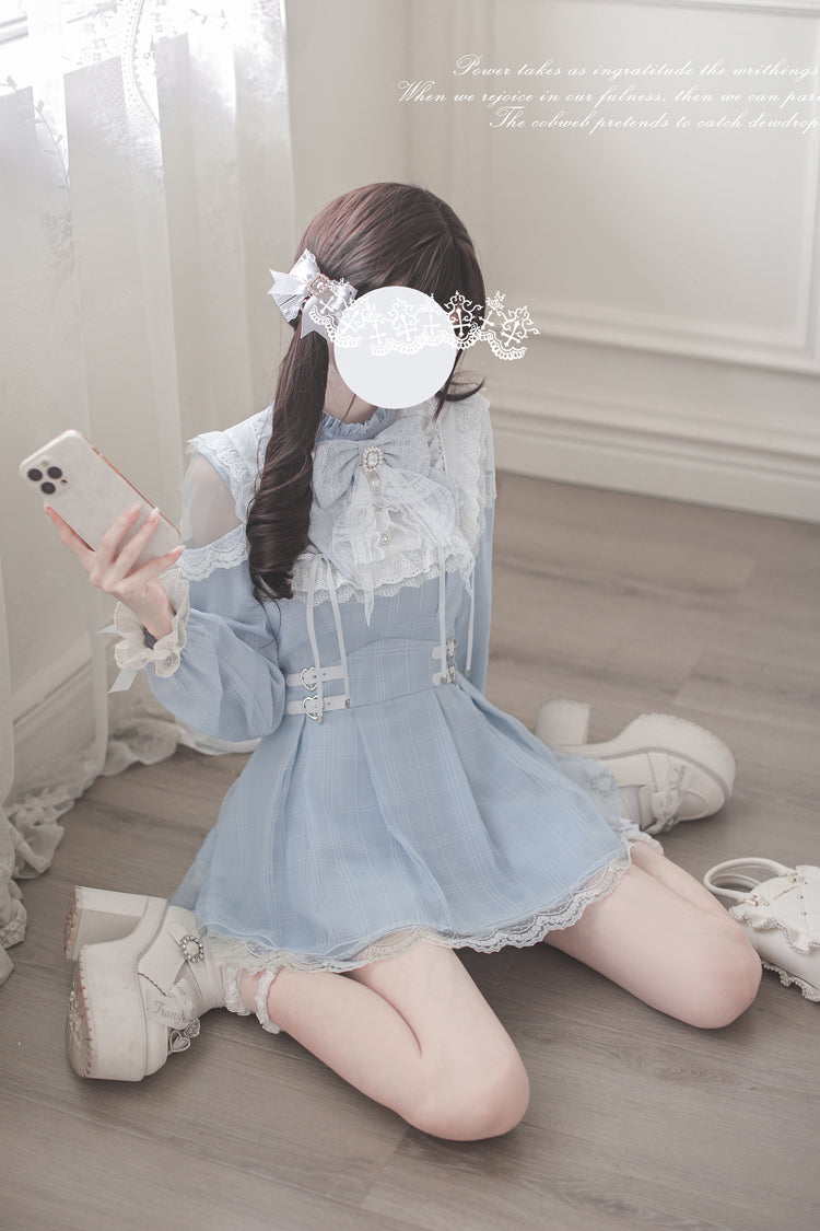 Aqua [Battement de cœur d'ange] Manches longues Nœud en dentelle Robe japonaise douce Jirai Kei 