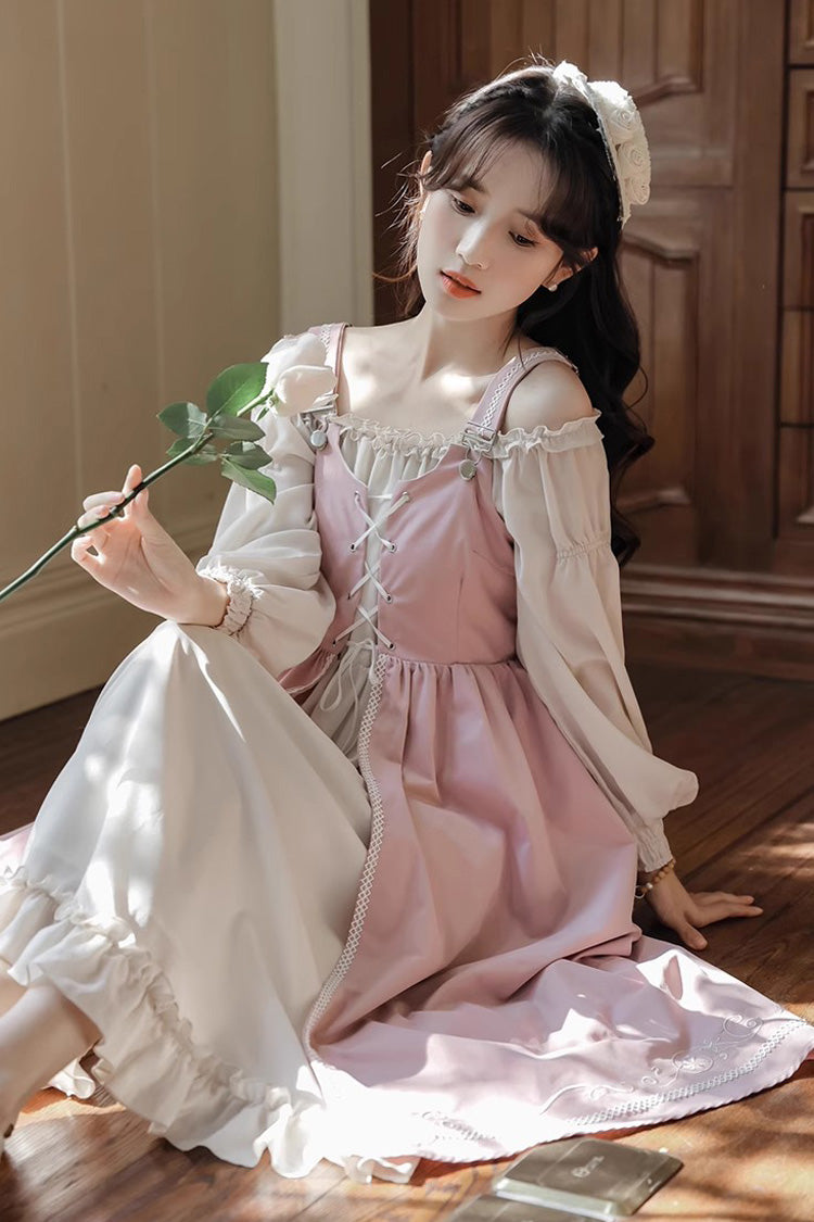 Pink Long Sleeves Ruffle Sweet Elegant Princess Lolita Dress Two Piece Set