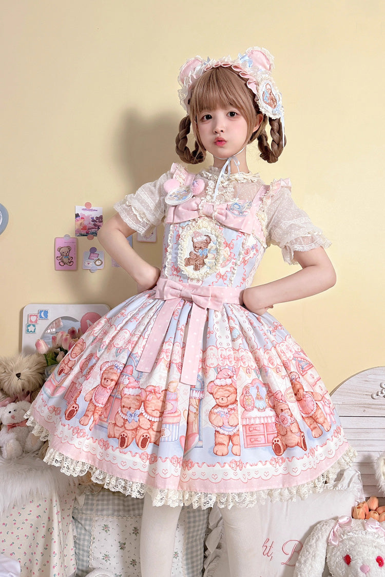 [Bear Anniversary Celebration] Sleeveless Printed Ruffled Bow Sweet Lolita Strap Dress 2 Colors