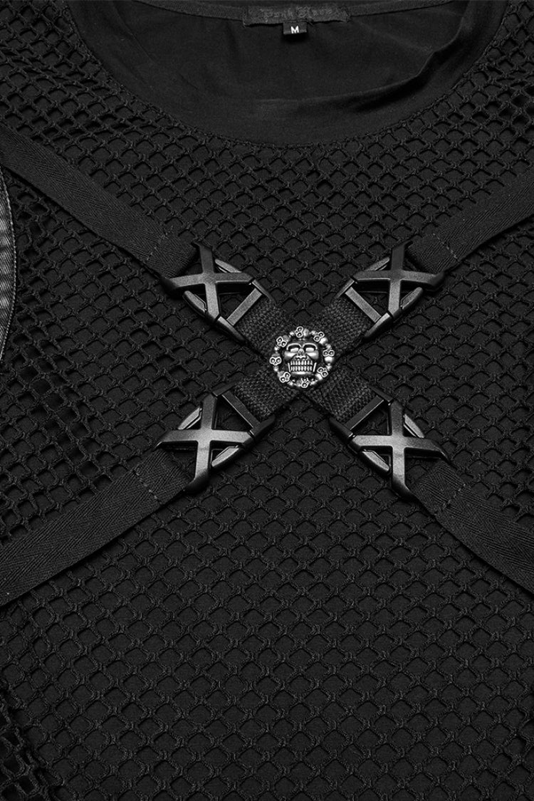 Black Round Collar Sleeveless Stitching Mesh Buckle Men's Punk Vest