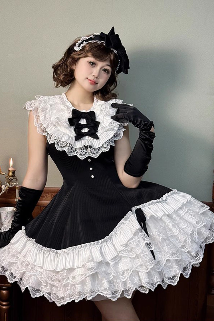 Black/White [Miss Tsundere] Sleeveless Multi-Layered Ruffle Bowknot Lace Asymmetric Sweet Princess Lolita Dress