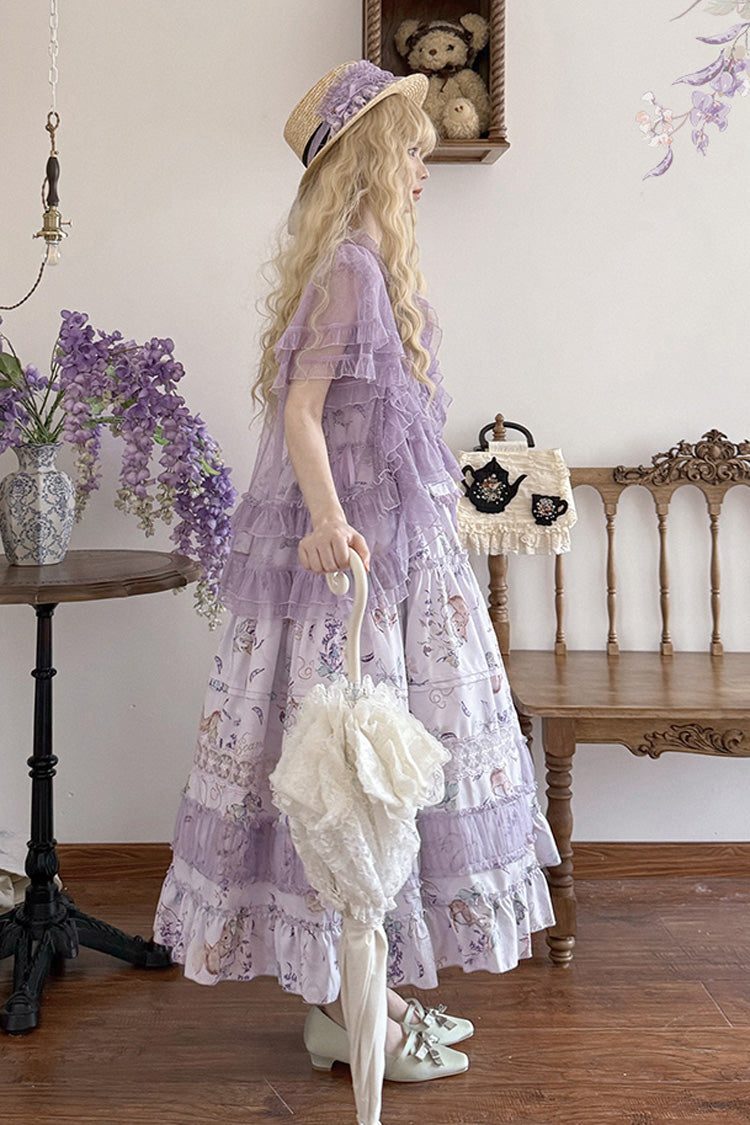 Purple [Pea Squirrel] Sleeveless Multi-Layered Pastoral Print Ruffle Embroidery Lace Sweet Elegant Lolita Jsk Dress