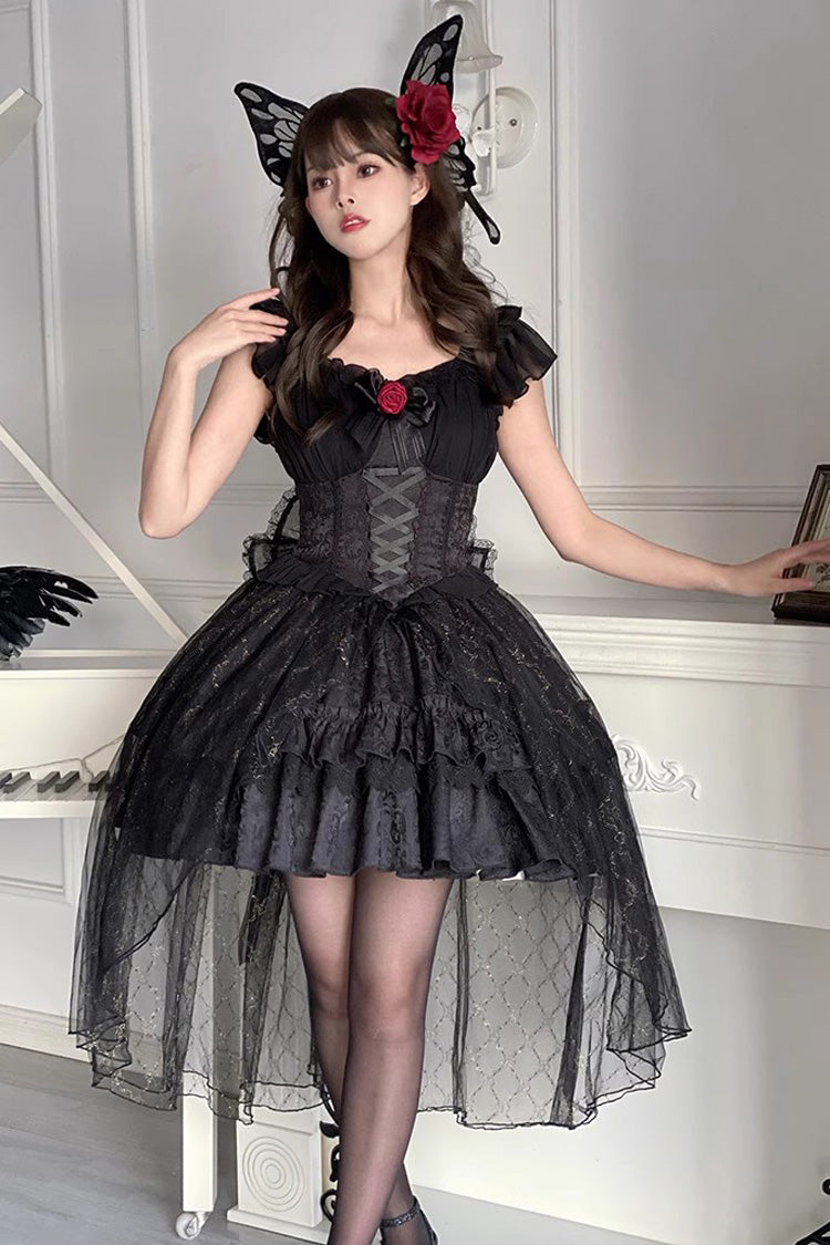 Black Short Sleeves Ruffle Rose Bowknot Elegant Princess Gothic Lolita Tiered Dress