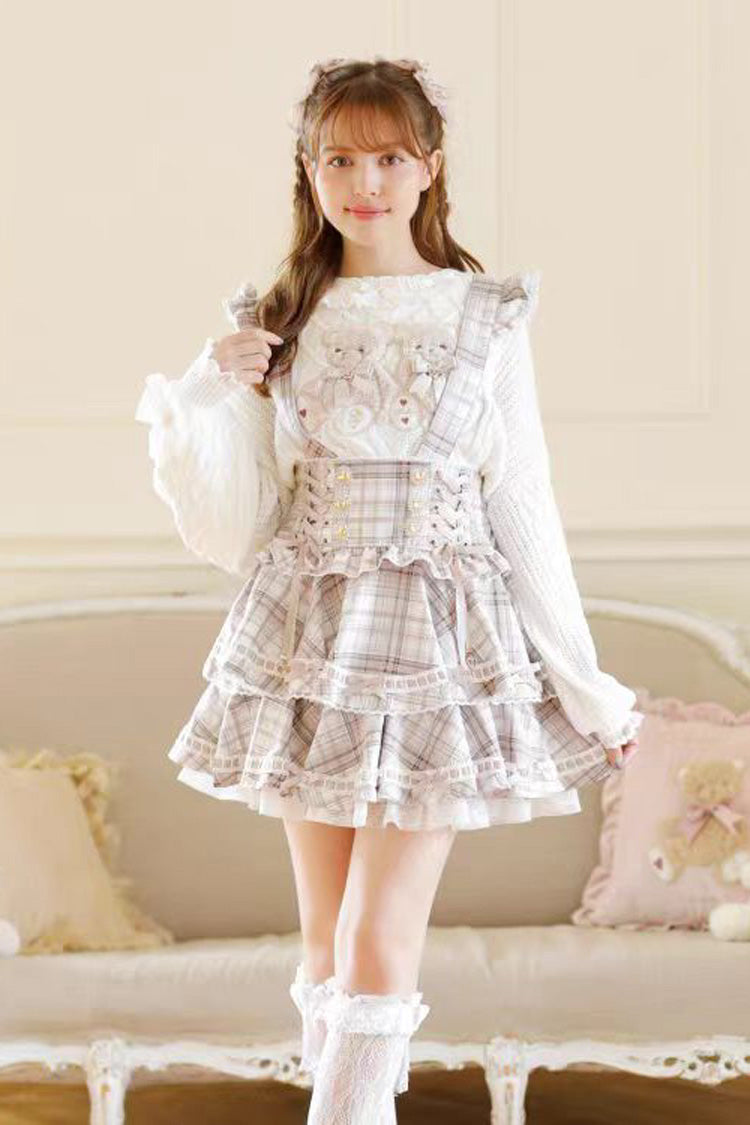 Sweet Jirai Kei High Waisted Triple-Layered Print Ruffle Bowknot Lace-Up Japanese Strap Dress 3 Colors