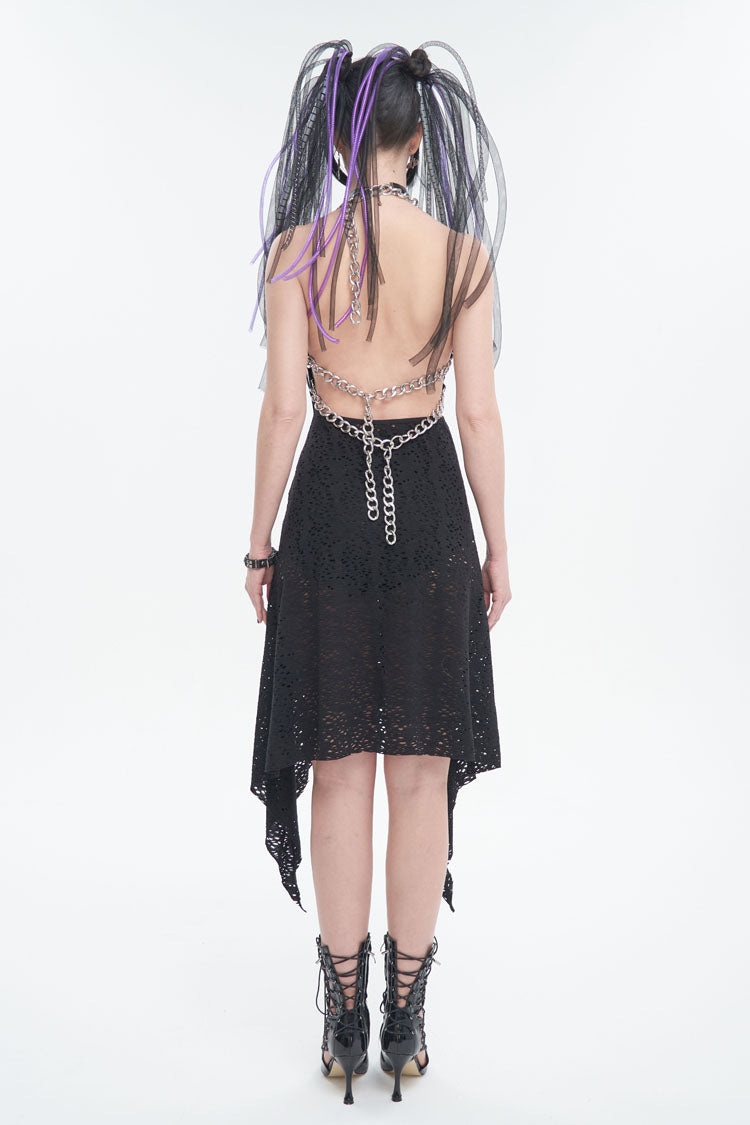 Black Irregular Pattern Wool Metal Chain Halter Neck Backless Women's Punk Dress