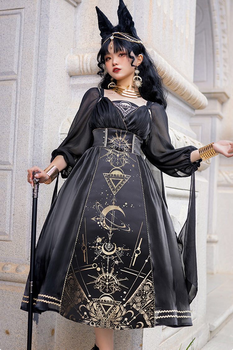 Black [Nightmare of Horus] Print Ruffle Hot Stamping Gothic Gorgeous Lolita Jsk Short Dress