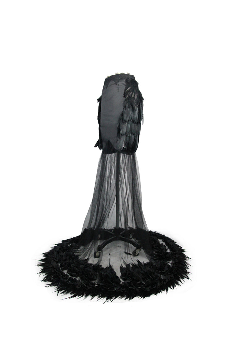 Black Mesh Fishtail Flower Feather Hem Long Satin Women's Gothic Skirt