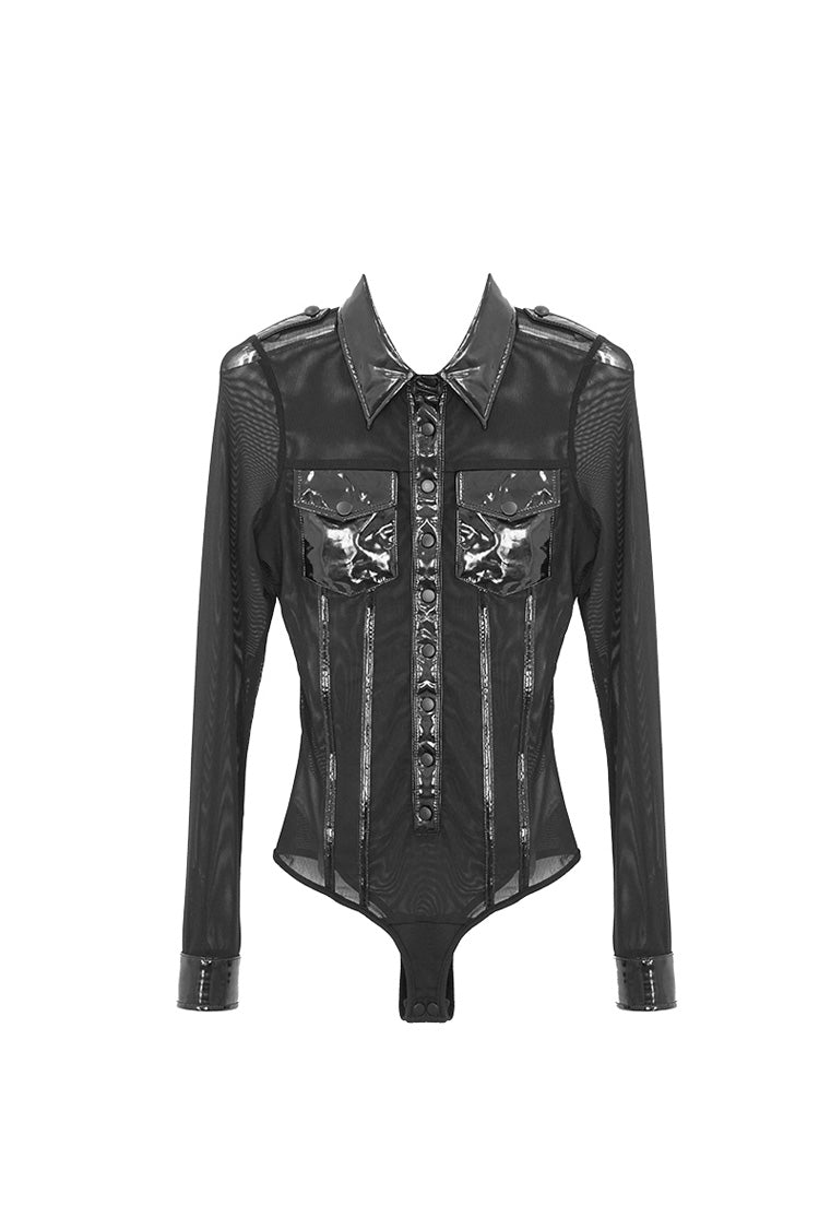 Schwarzes, langärmliges Punk-T-Shirt aus Lackleder mit Netzstoff und Verbindungsschritt für Damen