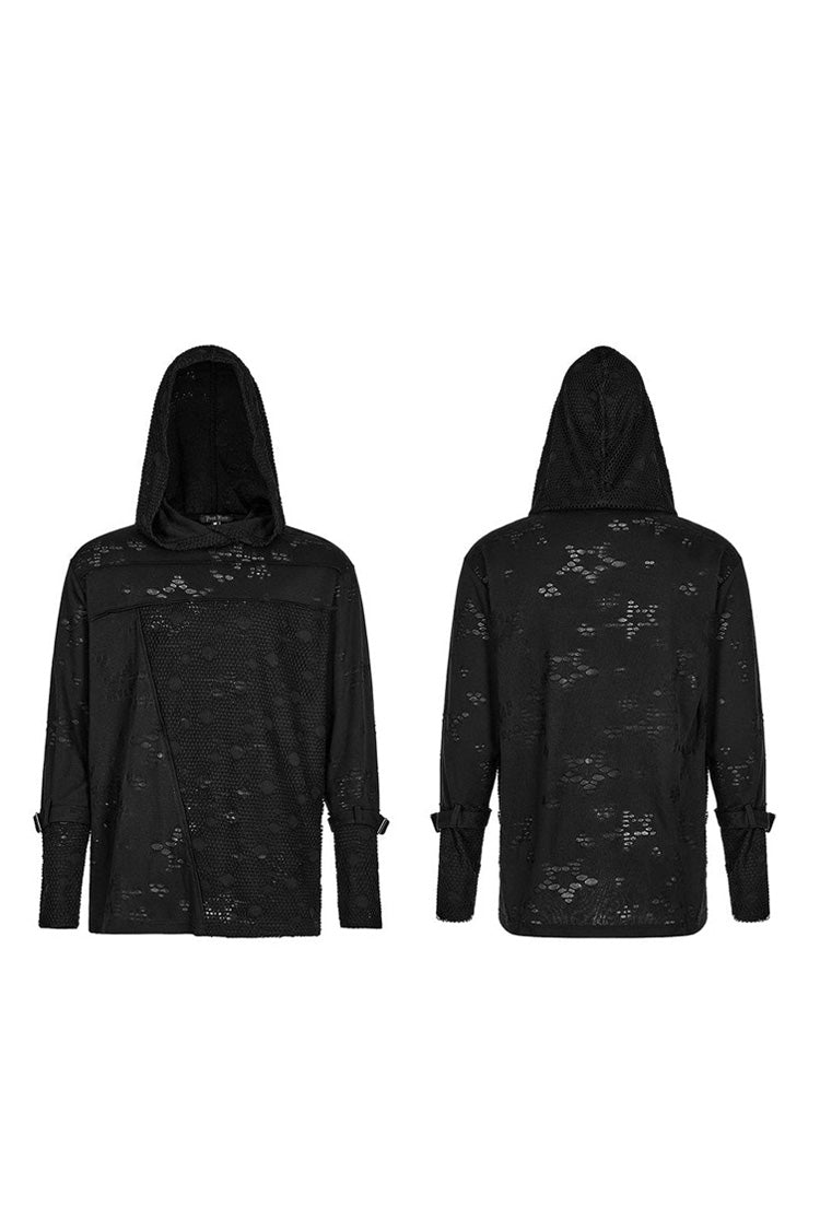 Black Punk Ripped Knit Mesh Surface Splicing Detachable Ring Sleeve Webbing Hooded Men's T-Shirt