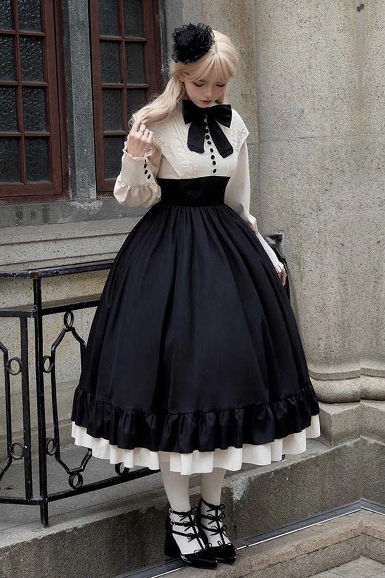 Rose Embroidery Long Sleeves Ruffle Bowknot Fake Two Pieces Elegant Lolita Dress 2 Colors