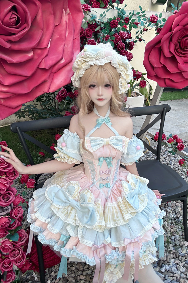 Multi-Color [Ribbon Dance] Multi-Layered Ruffle Bowknot Lace-Up Sweet Princess Lolita Dress