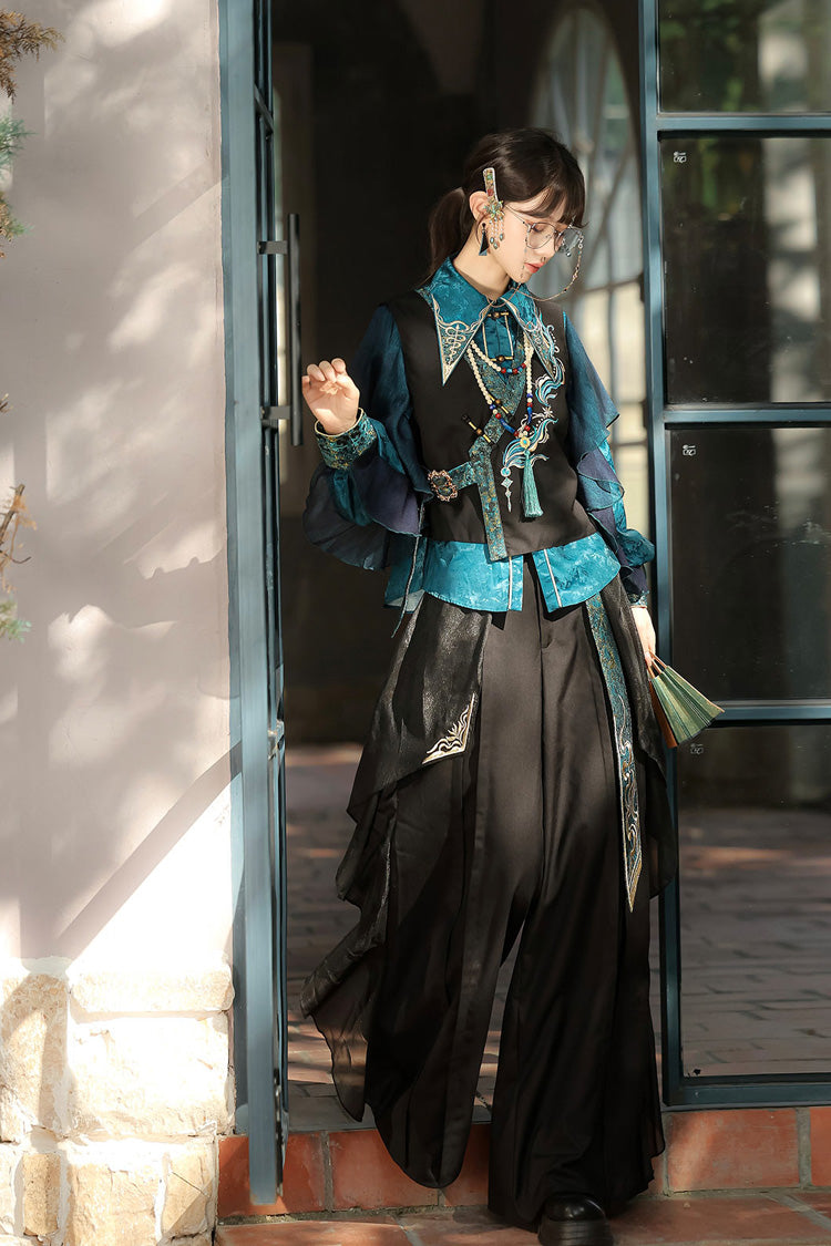 Schwarz/Grün Rundhals Langarm Rüschen Stickerei Chinesischer Stil Vintage Hübsches Ouji Lolita Set 