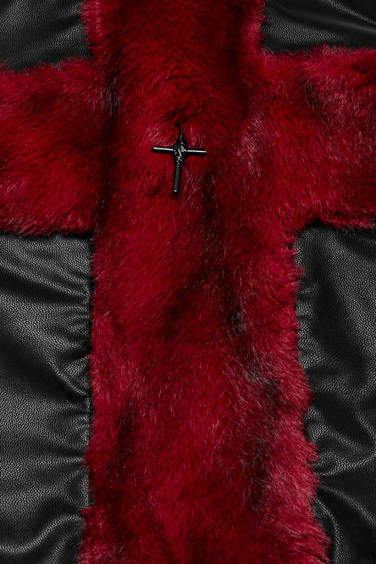 Black/Red Halterneck Sleeveless Cross Faux Fur Stitching Women's Punk Vest
