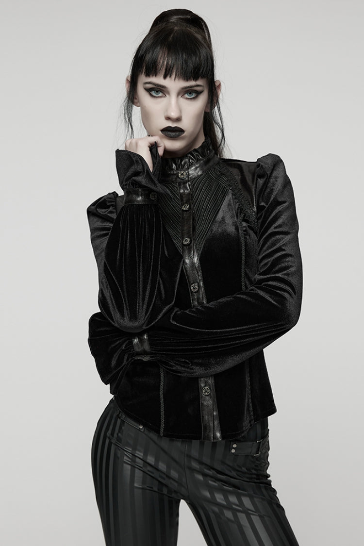 Schwarzer Stehkragen Mantel mit langen Puffärmeln und Schnürung für Damen im Gothic-Stil 