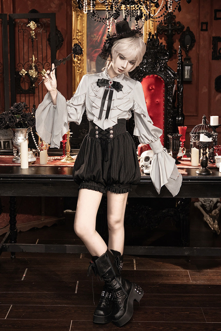 Silver Gray/Black [Night Raven] Stand Collar Long Lantern Sleeves Striped Printed Lace-Up Ouji Fashion Gothic Lolita Blouse Shorts Set