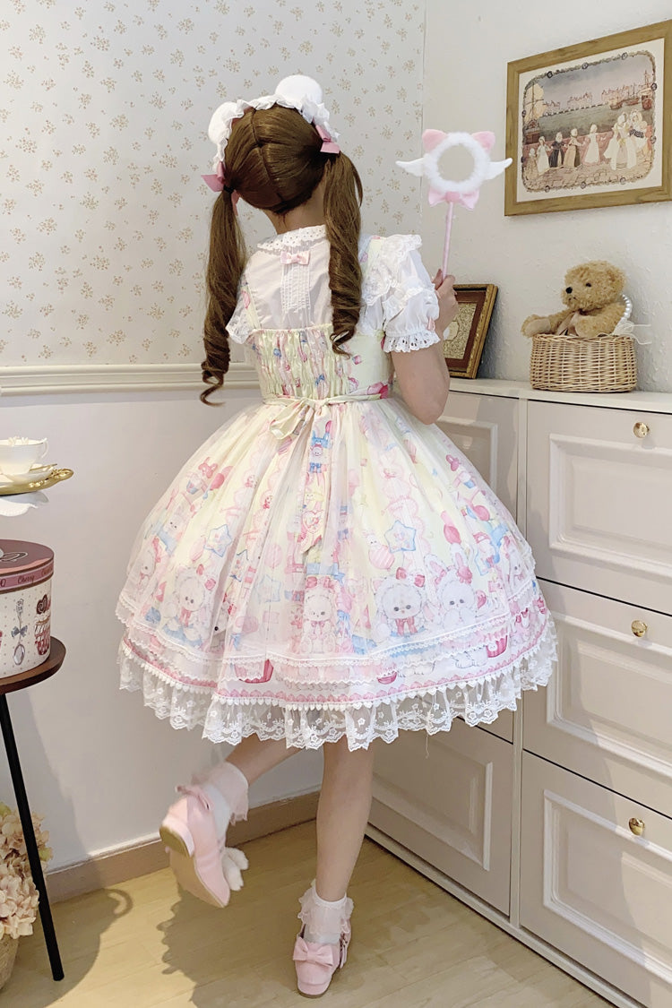 Robe Jsk Lolita Douce en Dentelle à Nœud Papillon à Volants Imprimée Jaune [Adorable Lapin Gâteau Sucré] 