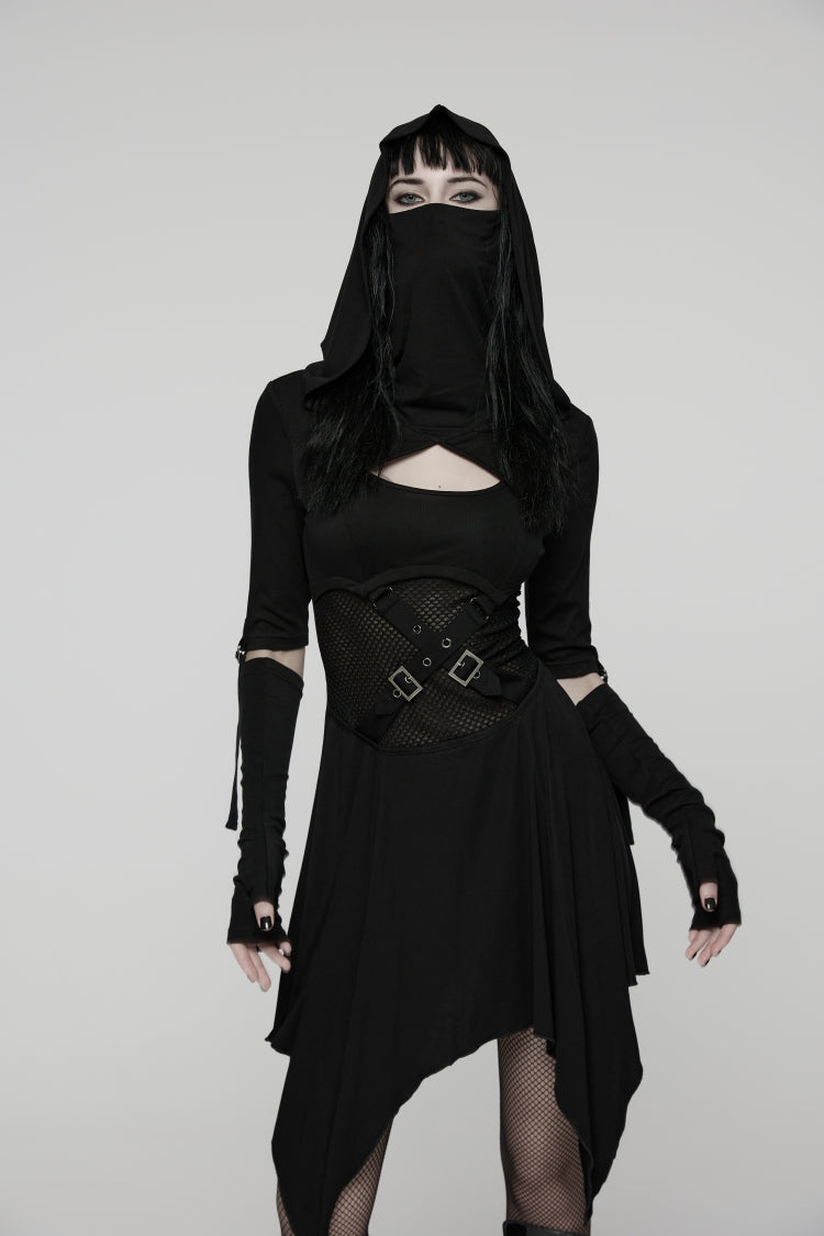 Black Long Sleeves Cut-Out Patchwork Lace-Up Slim Fit Hooded Women's Punk Dress