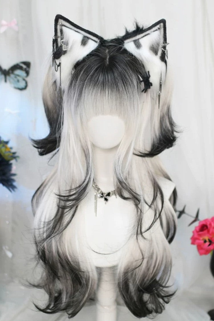 Perruque Lolita douce longue ondulée noire/blanche avec frange aérienne