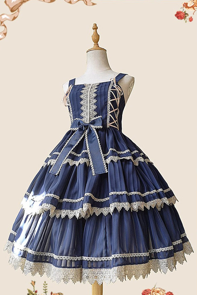 Dark Blue Three-section Cake Sleeveless Ribbon Sweet Lolita Tiered Dress