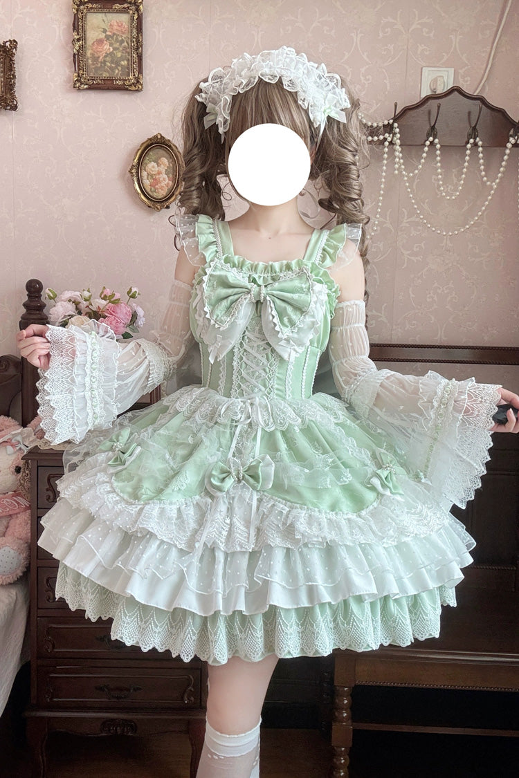 Green Sleeveless Triple-Layered Ruffle Embroidery Bowknot Lace-Up Pearl Sweet Plus Size Lolita Jsk Dress