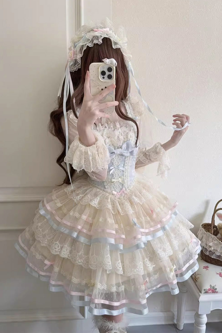 Blue [Butterfly Heart Ballet] Triple-Layered Ruffle Bowknot Lace Sweet Ballet Lolita Jsk Dress
