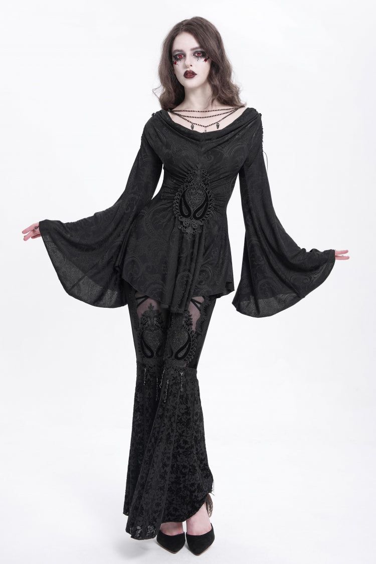 Black Long Trumpet Sleeves Print Embroidery Women's Gothic Blouse