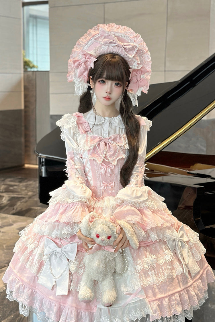 [Sakura Love] Multi-Layered Jacquard Ruffle Embroidery Cardigan Bowknot Lace Sweet Gorgeous Lolita Jsk Dress 2 Colors