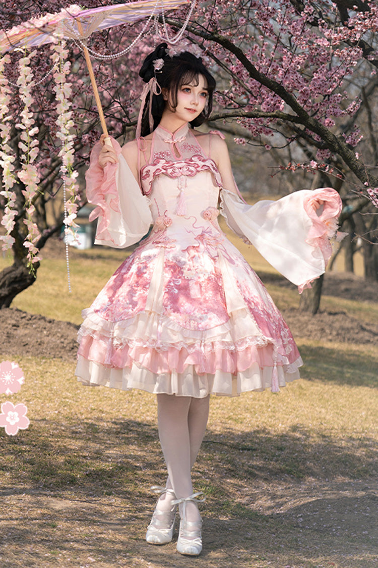 Pink [Flower Feast] Multi-Layered Print Ruffle Bowknot Sweet Chinese Style Lolita Jsk Dress