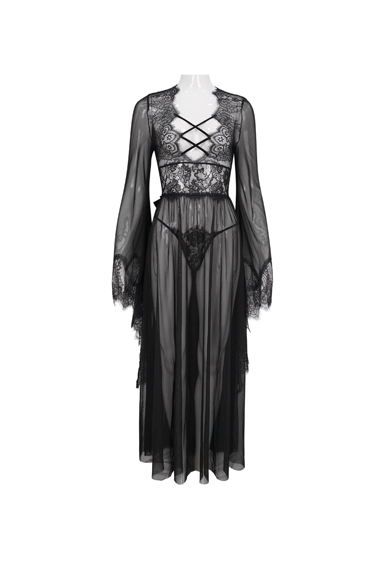 Schwarzes, perspektivisches, sexy, rückenfreies Kleid mit V-Ausschnitt und Schnürung und ausgestellten Ärmeln für Damen im Gothic-Stil