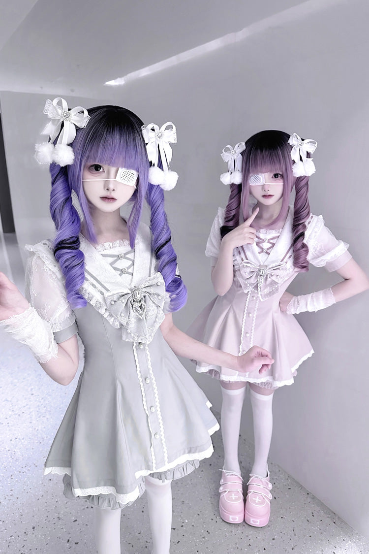 Sweet Short Sleeves Print Bowknot Jirai Kei Japanese Dress Set 3 Colors