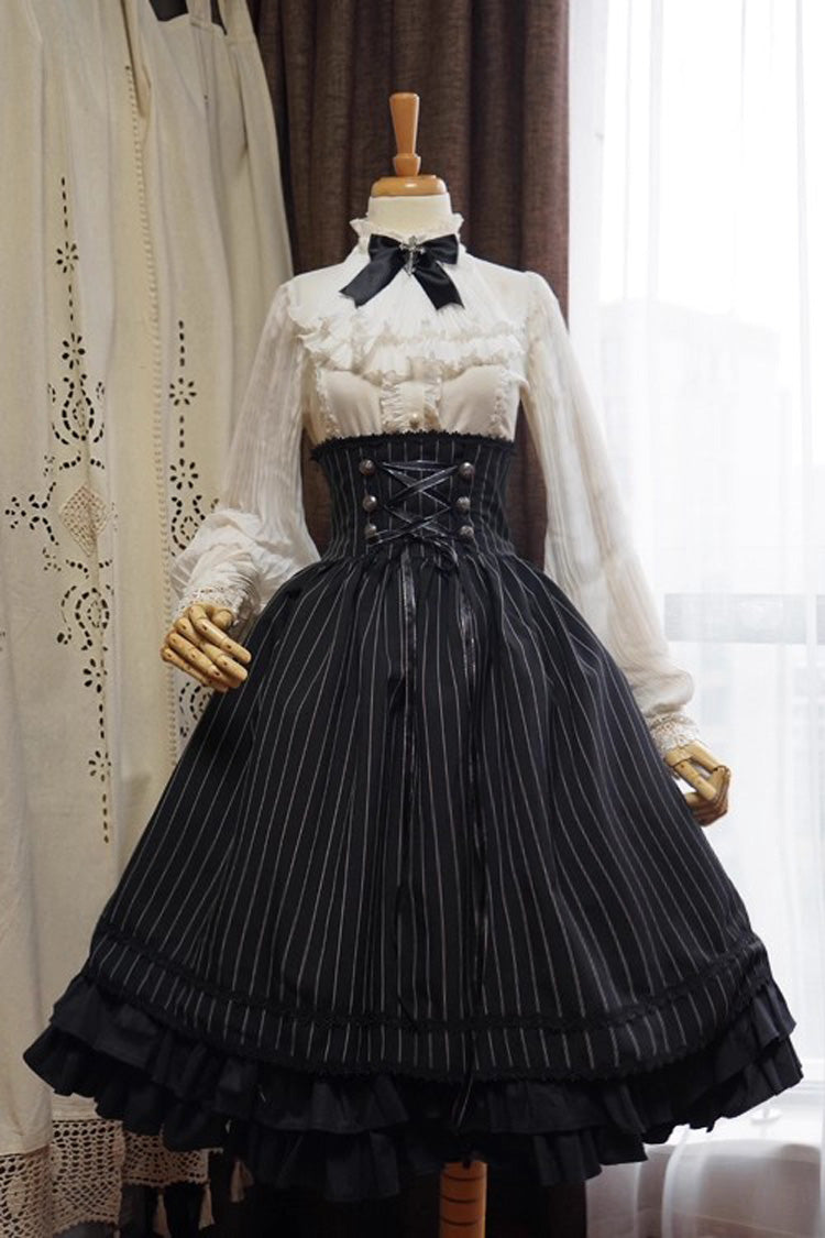 Black Multi-Layered Stripe Print Ruffle Lace-Up Classic College Style Elegant Lolita Skirt