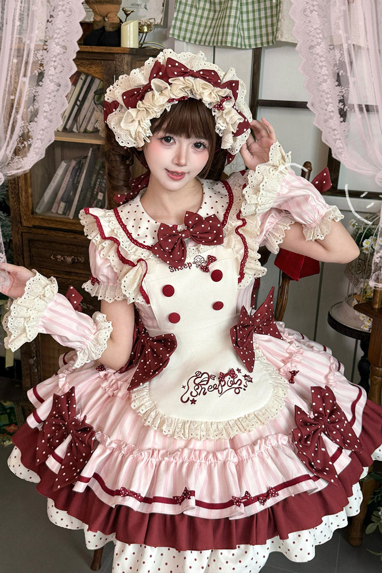 Pink [Sweet Whispered Vows] Round Collar Short Sleeves Multi-Layered Printed Ruffled Bow Sweet Lolita Dress