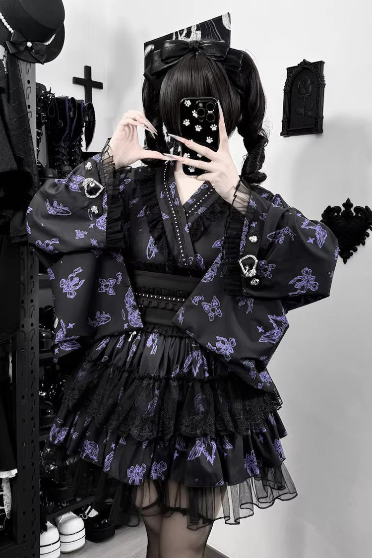Jirai Kei Long Sleeves Printed Ruffled Lace Studded Gothic Japanese Top and Skirt Set 3 Colors