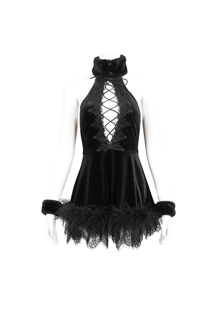 Black Halterneck Fluffy Splice Velvet Women's Gothic Dress