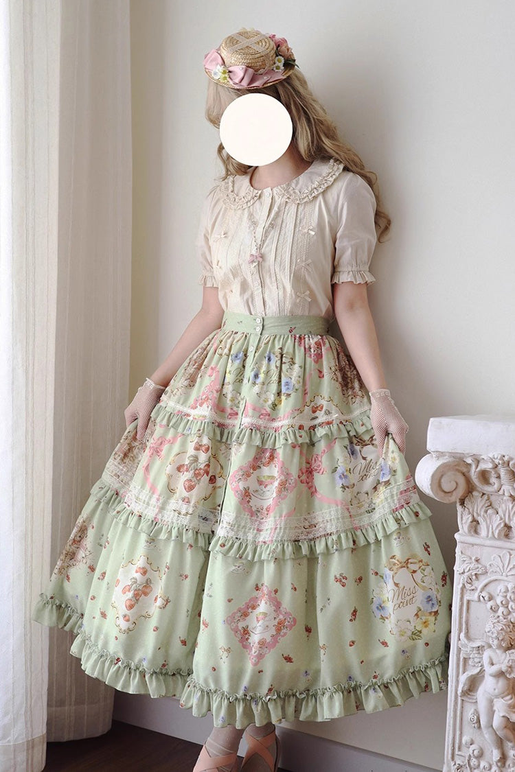 Jupe Lolita douce quotidienne à volants imprimée [Chat Rose Thé] verte 