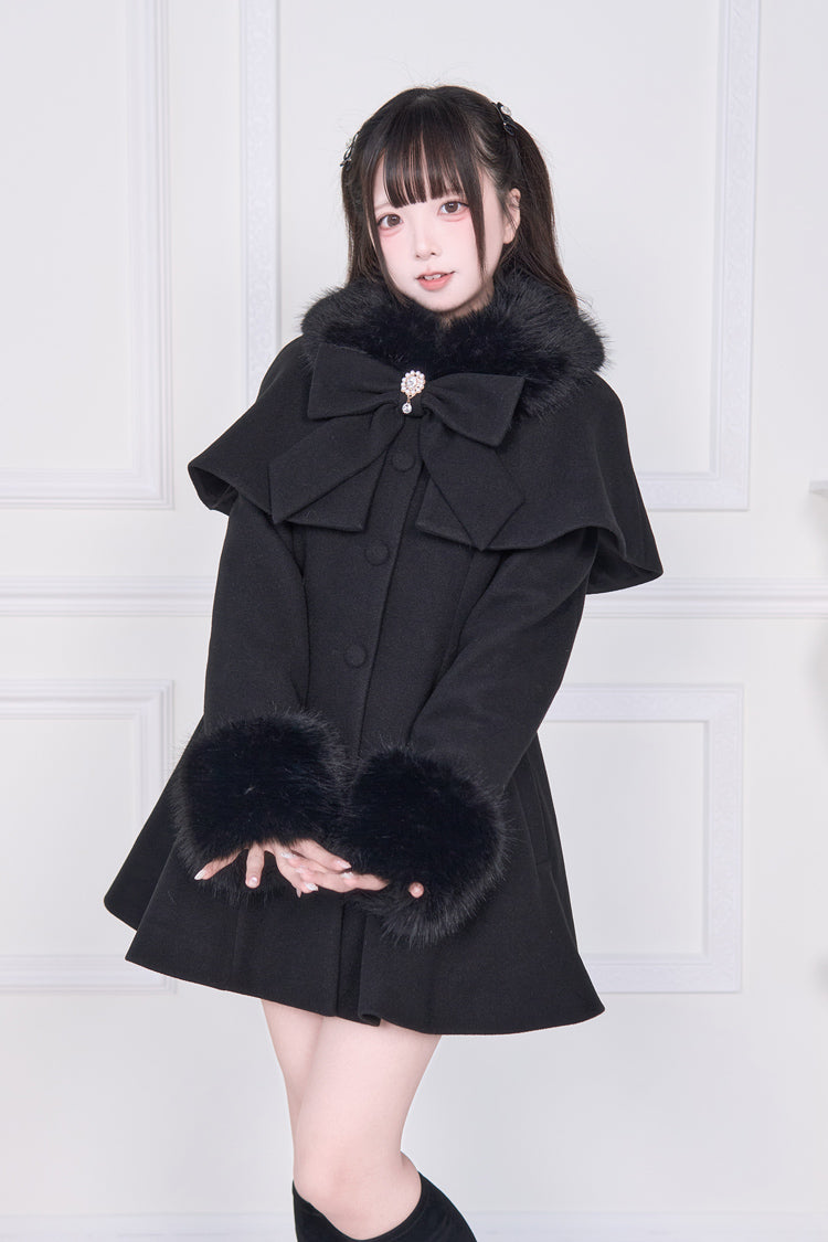 Black Plush Collar Long Sleeves Bowknot Japanese Sweet Lolita Coat