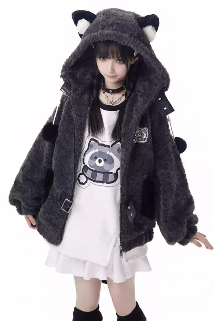 Black/Grey [Little Hibernating Bear] Long Sleeves Hooded Zippered Sweet Lolita Coat and Skirt Set