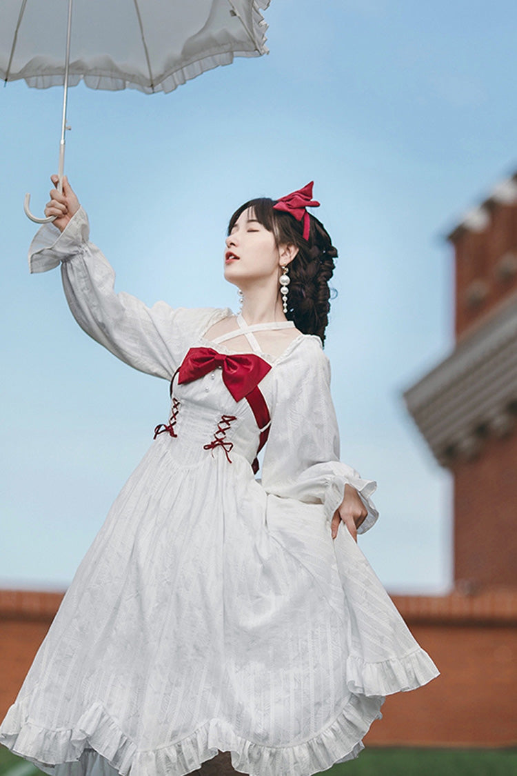 White Roman Covenant Boat Neck Long Sleeves Ruffle Classic Lolita Dress
