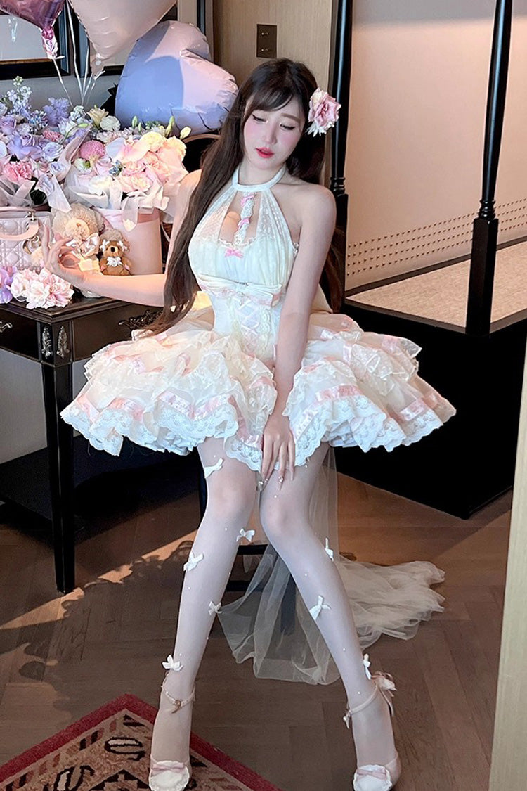 Robe Lolita Beige [Ballet Dream] à col licou avec volants à trois couches, nœud papillon et laçage, style princesse douce 