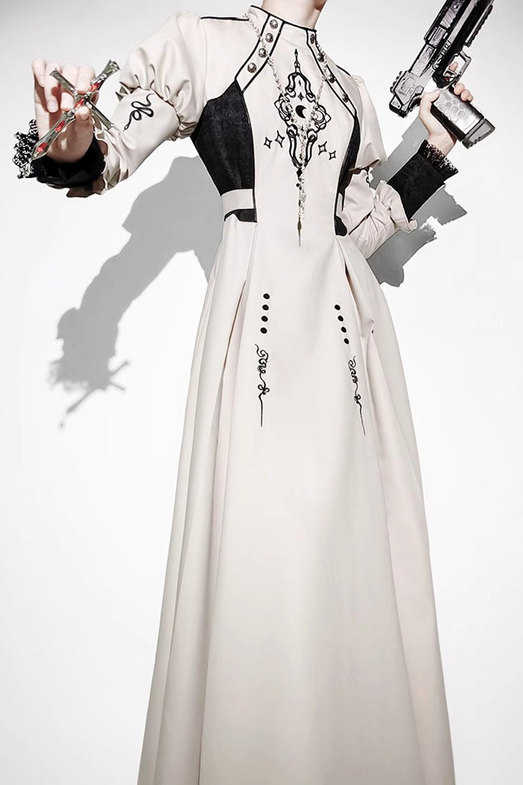 White Long Sleeves Moon Talisman Print Gothic Lolita Long Dress