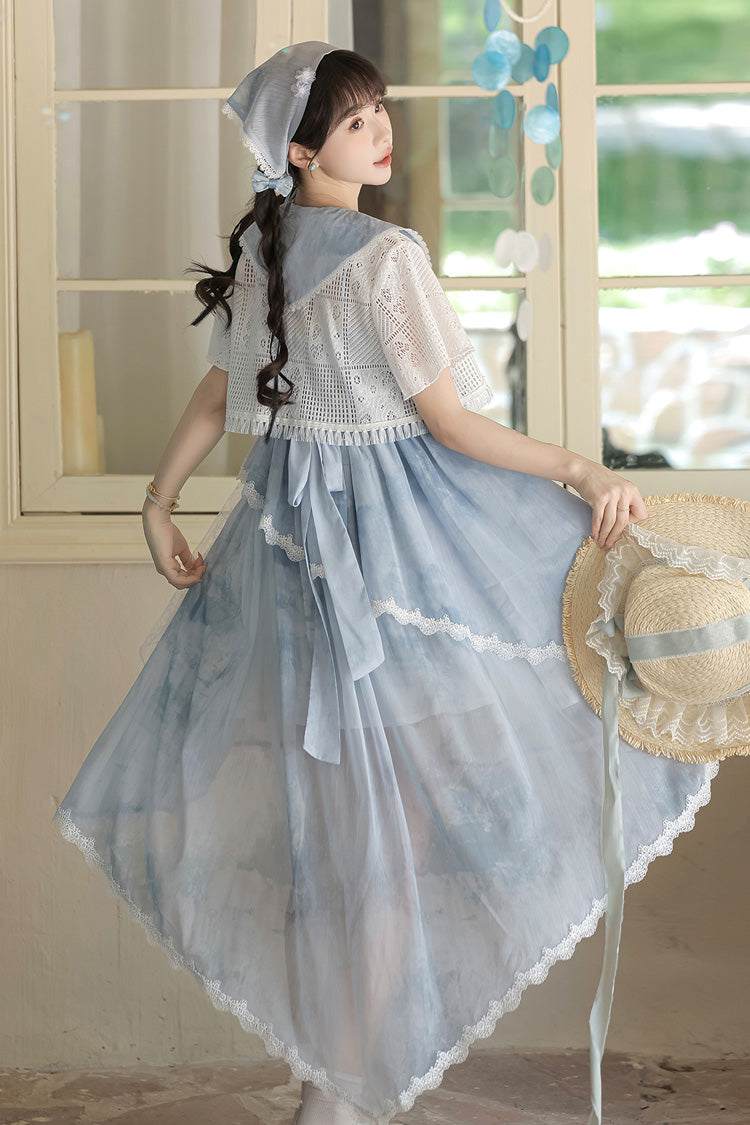 Blue [Clouds Resting in the Wilderness] Print Ruffle Embroidery Bowknot Lace Irregular Lolita Jsk Dress