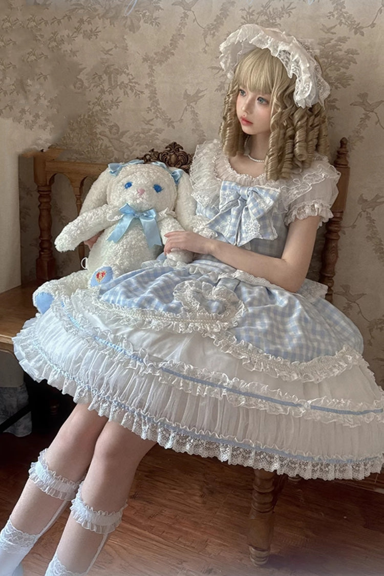Blue [Tea Break Sweetheart] Short Sleeves Multi-Layered Plaid Print Ruffle Sweet Lolita Dress