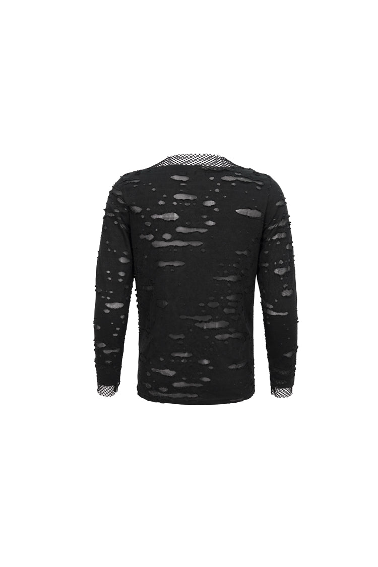 Black Diamond Mesh Irregular Hole Long-Sleeved Men's Punk T-Shirt