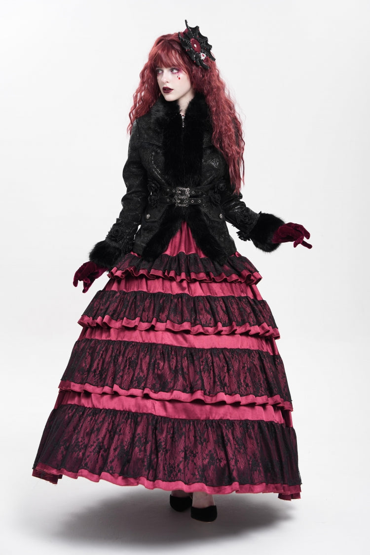 Black Long Sleeves Rose Floral Embroidery Buckle Straps Women's Gothic Coat