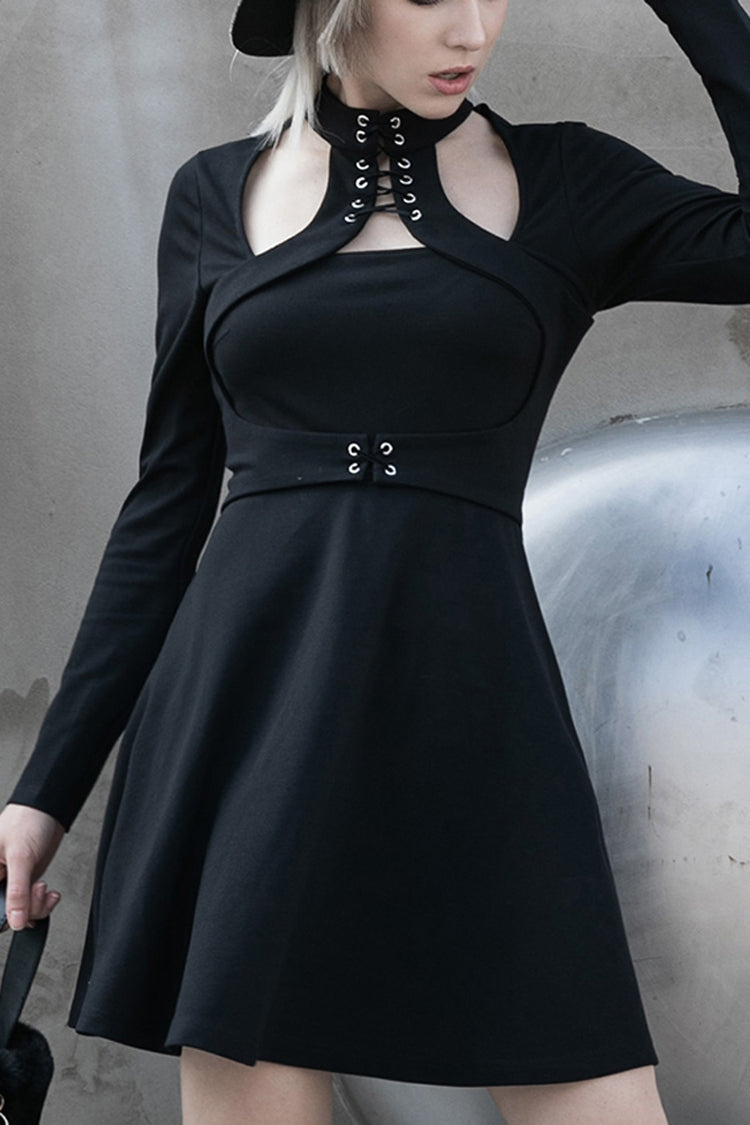 Black High Collar Front Chest Lace-Up Shoulder Hollow-Out Long Sleeve Women's Punk Dress