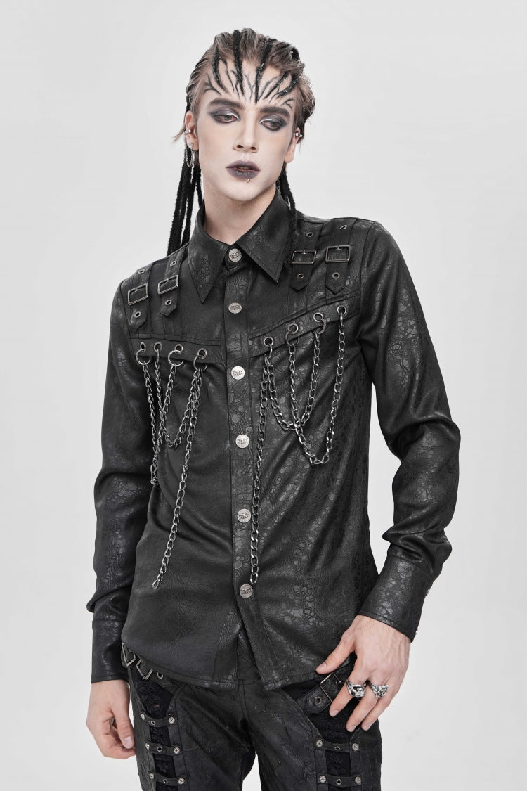Black Lapel Collar Long Sleeves Buckled Strappy Chain-Decorated Men's Punk Shirt