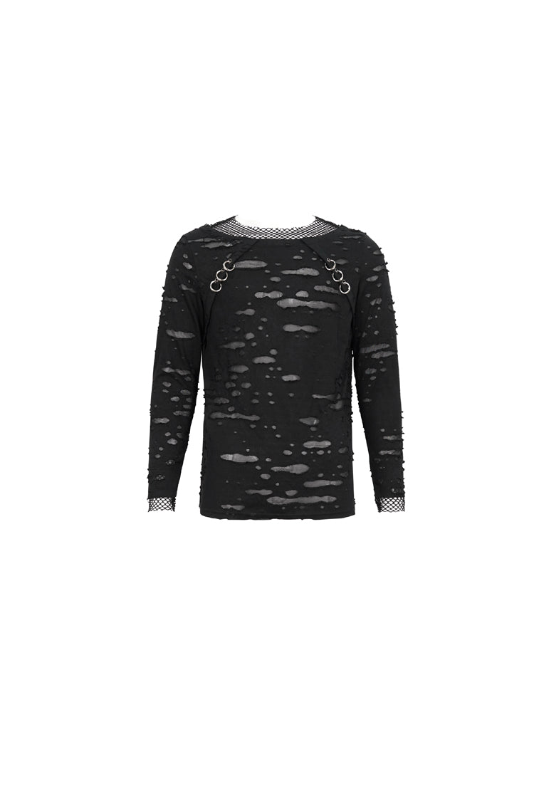 Black Diamond Mesh Irregular Hole Long-Sleeved Men's Punk T-Shirt