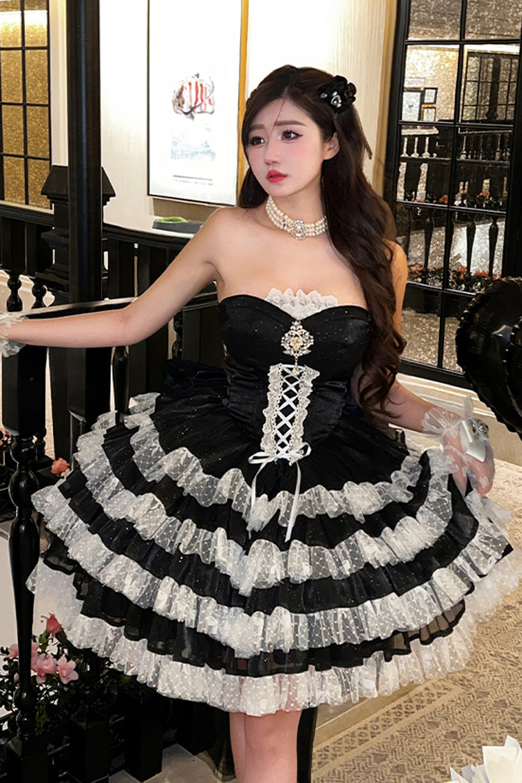 Black [Heartbeat at First Sight] Off Shoulder Sleeveless Multi-Layered Ruffle Bowknot Lace Lace-Up Sweet Princess Gorgeous Lolita Dress